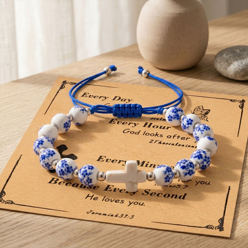 Blue And White Porcelain Bead Cross Bracelet, Adjustable Braided Blue Cord, Christian Faith Inspired Religious Jewelry For Women