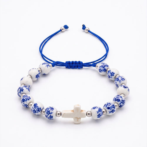 Blue And White Porcelain Bead Cross Bracelet, Adjustable Braided Blue Cord, Christian Faith Inspired Religious Jewelry For Women